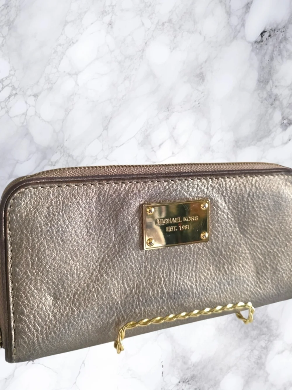 Michael Kors Pewter Metallic Pebbled Leather Large Zip Around Wallet